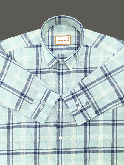 Premium Linen Cotton Greenish Cyan With Blue Checks Shirt For Men