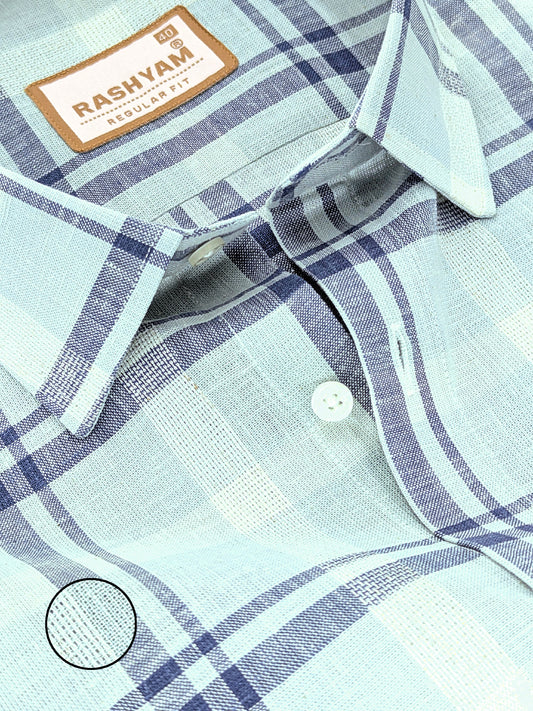 Premium Linen Cotton Greenish Cyan With Blue Checks Shirt For Men