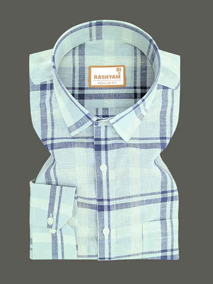 Premium Linen Cotton Greenish Cyan With Blue Checks Shirt For Men