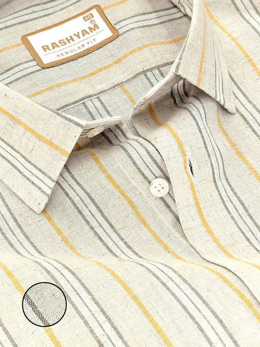 Pescara Italian Linen Cotton Yellow And Lemon Grass Line On Cream Shirt