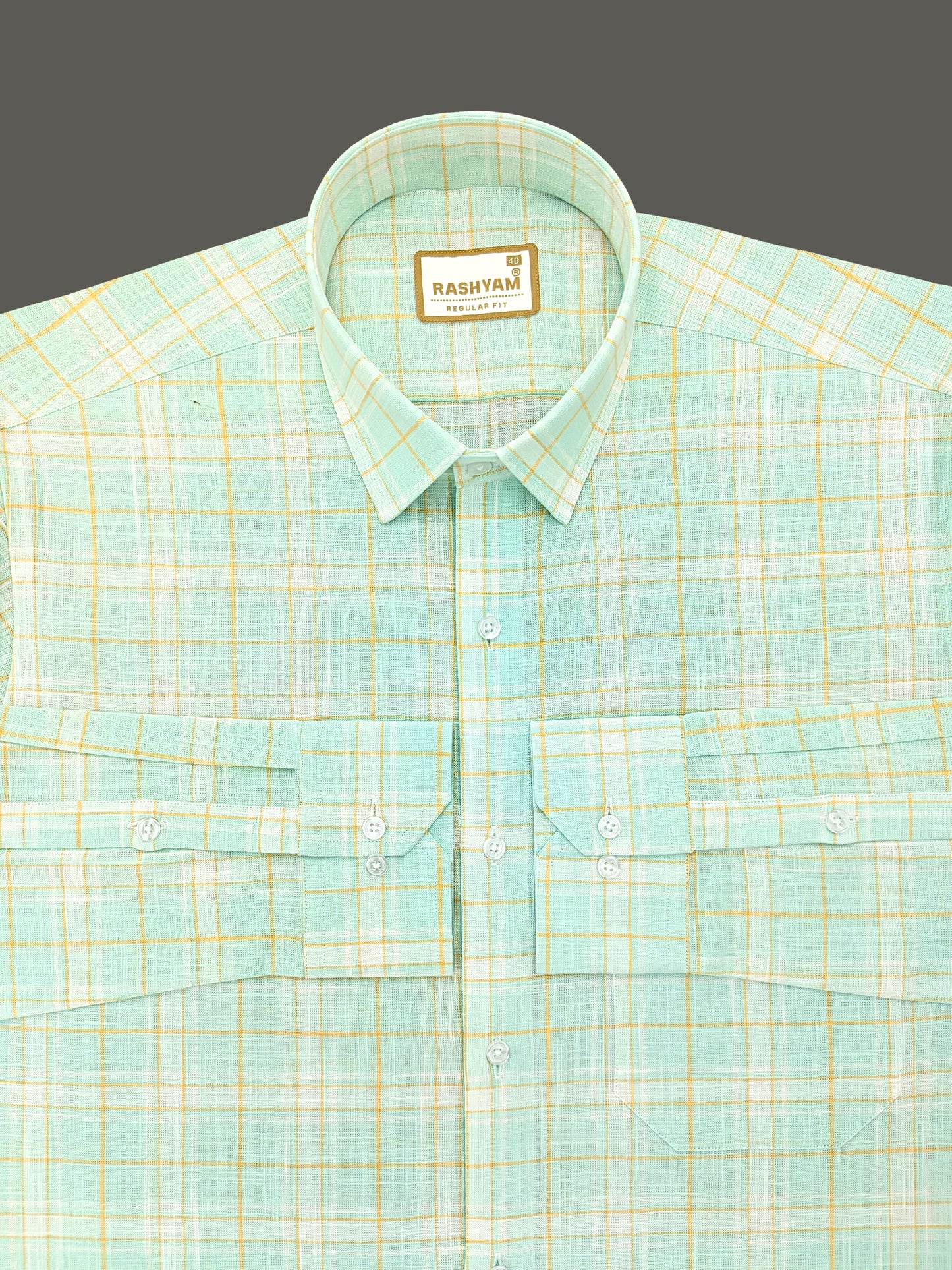 Premium Linen Cotton Yellow Checks On Pixie Green Formal Shirt For Men