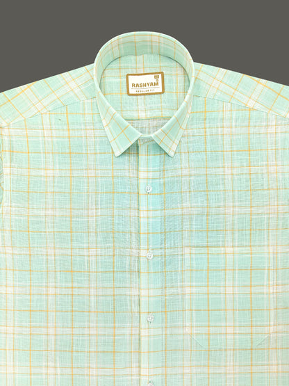 Premium Linen Cotton Yellow Checks On Pixie Green Formal Shirt For Men