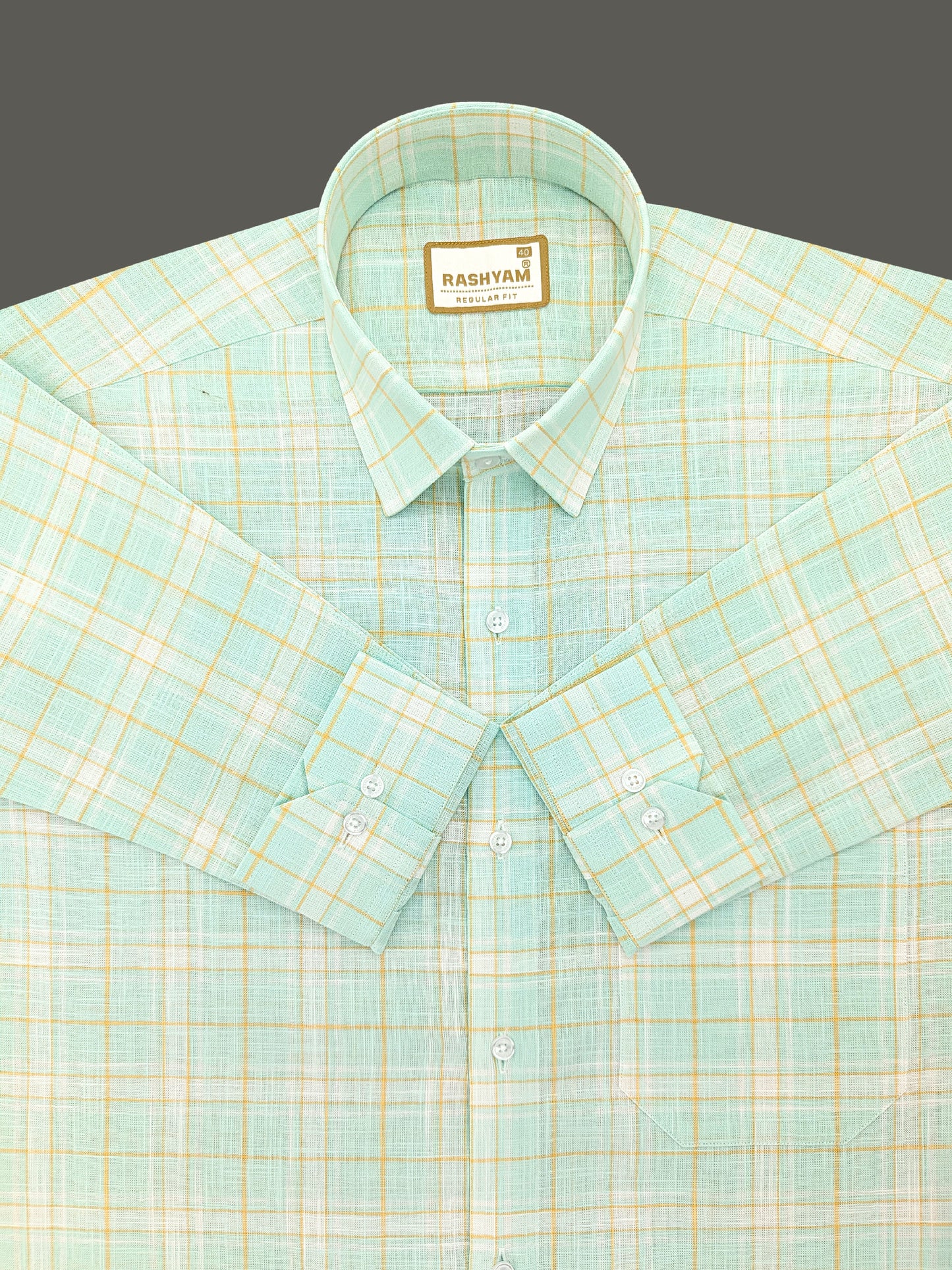 Premium Linen Cotton Yellow Checks On Pixie Green Formal Shirt For Men