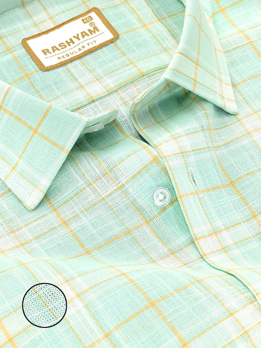 Premium Linen Cotton Yellow Checks On Pixie Green Formal Shirt For Men