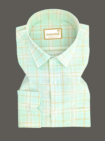 Premium Linen Cotton Yellow Checks On Pixie Green Formal Shirt For Men