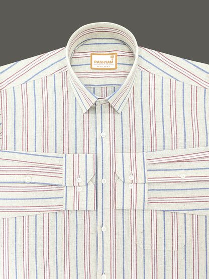 Pescara Italian Linen Cotton Blue And Maroon Line On Cream Shirt