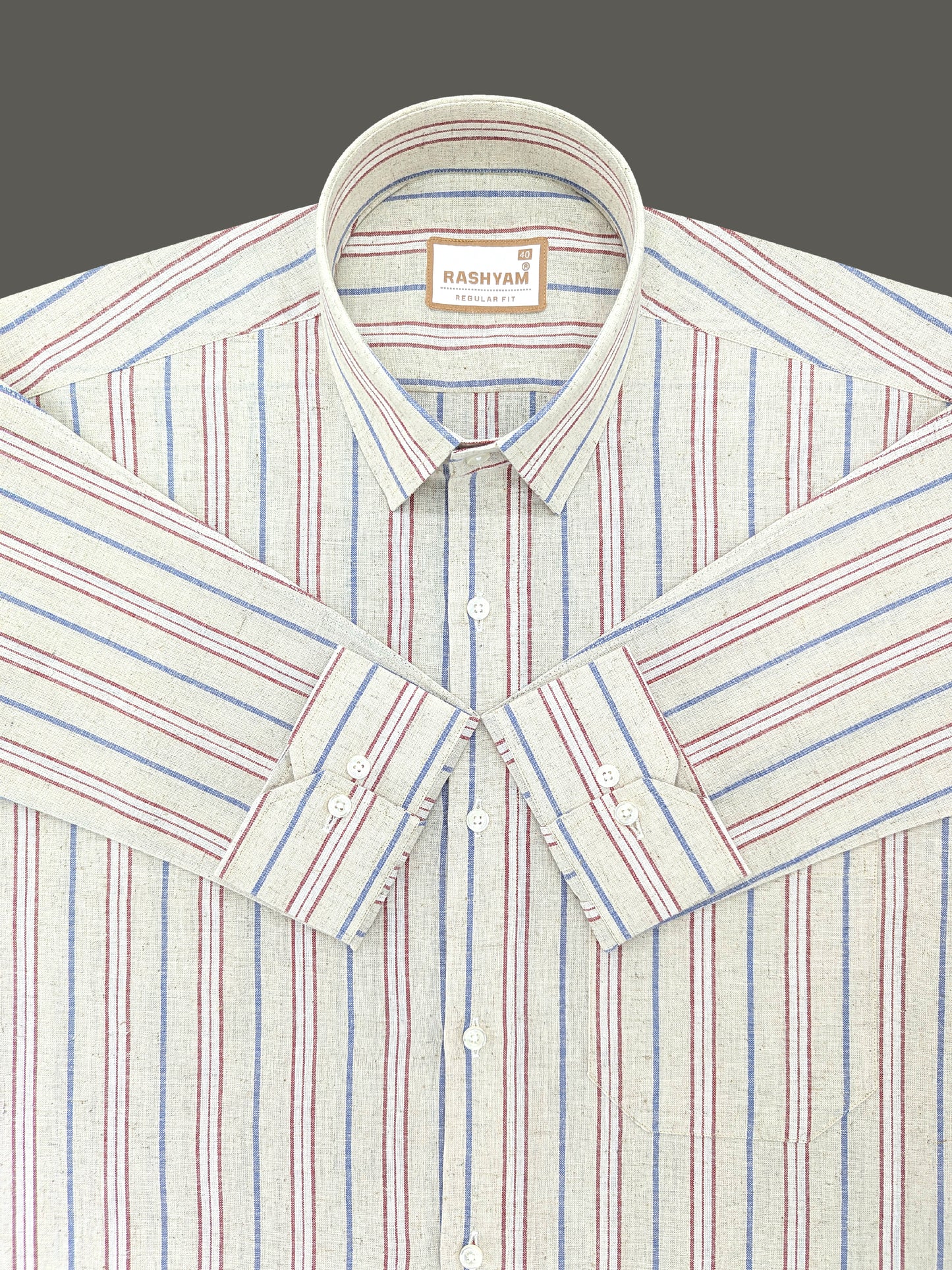 Pescara Italian Linen Cotton Blue And Maroon Line On Cream Shirt