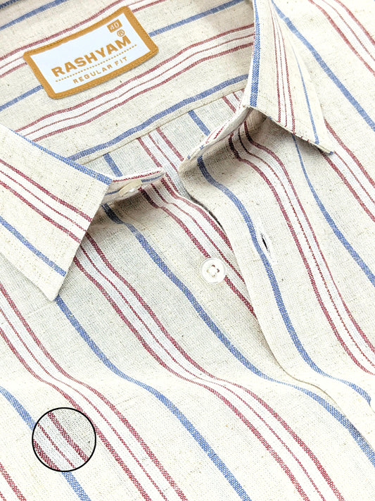 Pescara Italian Linen Cotton Blue And Maroon Line On Cream Shirt