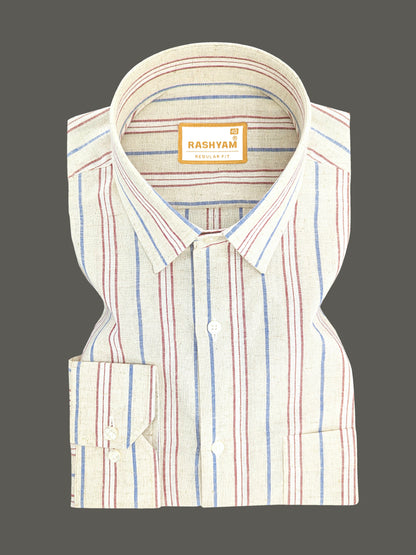 Pescara Italian Linen Cotton Blue And Maroon Line On Cream Shirt