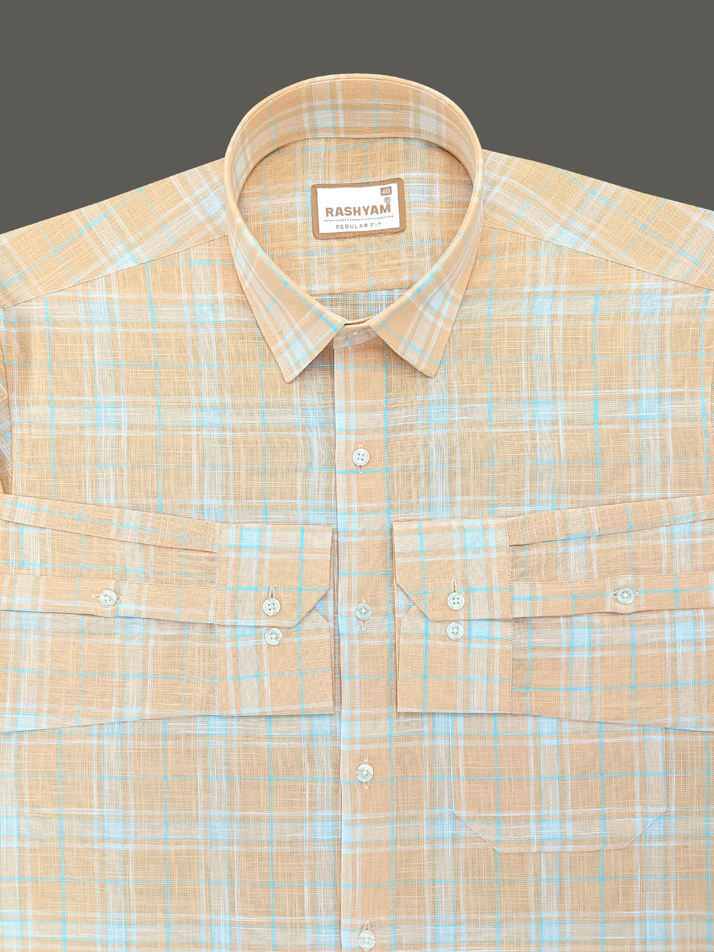 Premium Linen Cotton Cyan Blue And White Checks on Cantaloupe Orange Shirt For Men