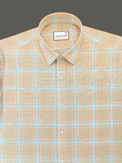 Premium Linen Cotton Cyan Blue And White Checks on Cantaloupe Orange Shirt For Men