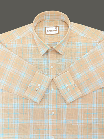 Premium Linen Cotton Cyan Blue And White Checks on Cantaloupe Orange Shirt For Men