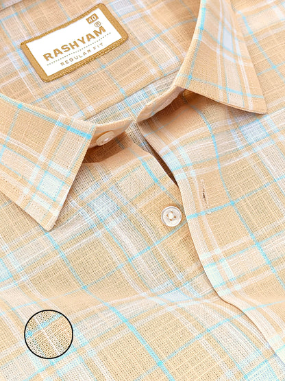 Premium Linen Cotton Cyan Blue And White Checks on Cantaloupe Orange Shirt For Men