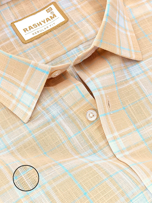 Premium Linen Cotton Cyan Blue And White Checks on Cantaloupe Orange Shirt For Men