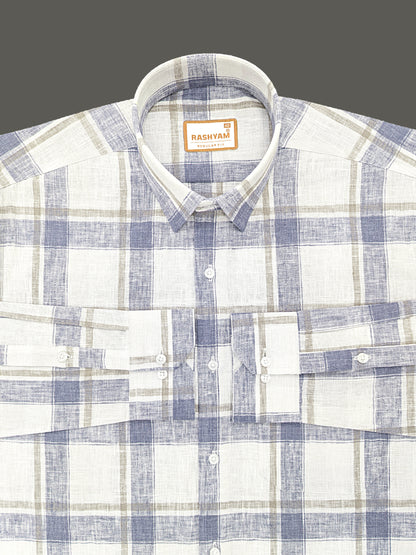 Ceriana Luxurious Italian Linen Cotton Navy Blue Checks On Cream Formal Shirt