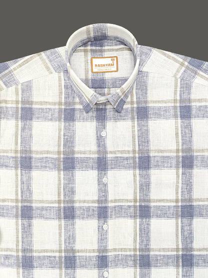 Ceriana Luxurious Italian Linen Cotton Navy Blue Checks On Cream Formal Shirt