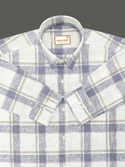 Ceriana Luxurious Italian Linen Cotton Navy Blue Checks On Cream Formal Shirt