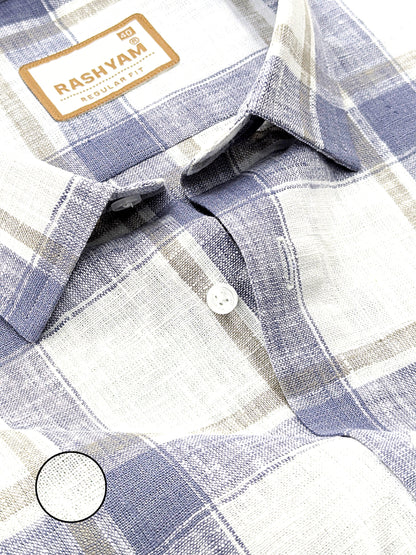 Ceriana Luxurious Italian Linen Cotton Navy Blue Checks On Cream Formal Shirt