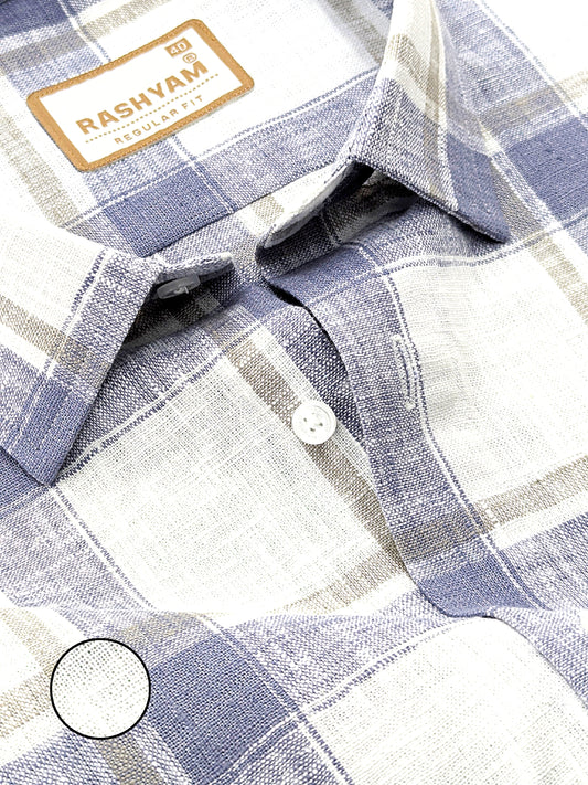 Ceriana Luxurious Italian Linen Cotton Navy Blue Checks On Cream Formal Shirt