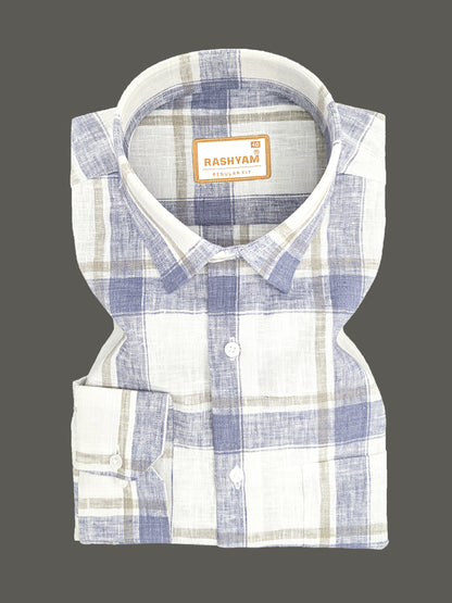 Ceriana Luxurious Italian Linen Cotton Navy Blue Checks On Cream Formal Shirt