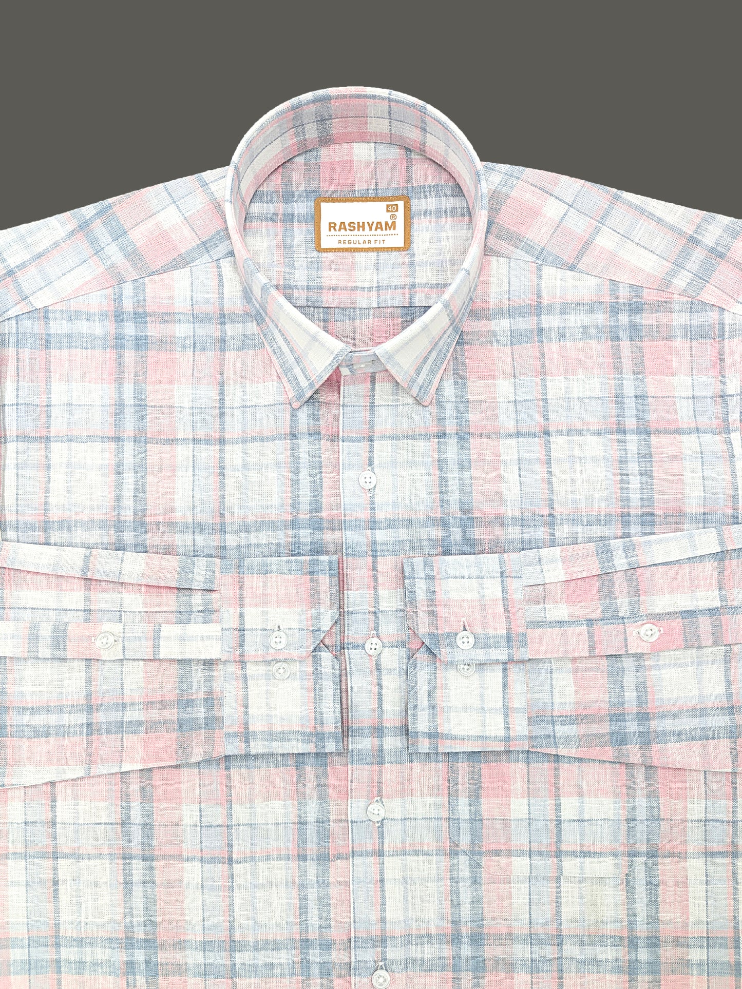 Ceriana Luxurious Italian Linen Cotton Peach And Grey Checks On Cream Formal Shirt