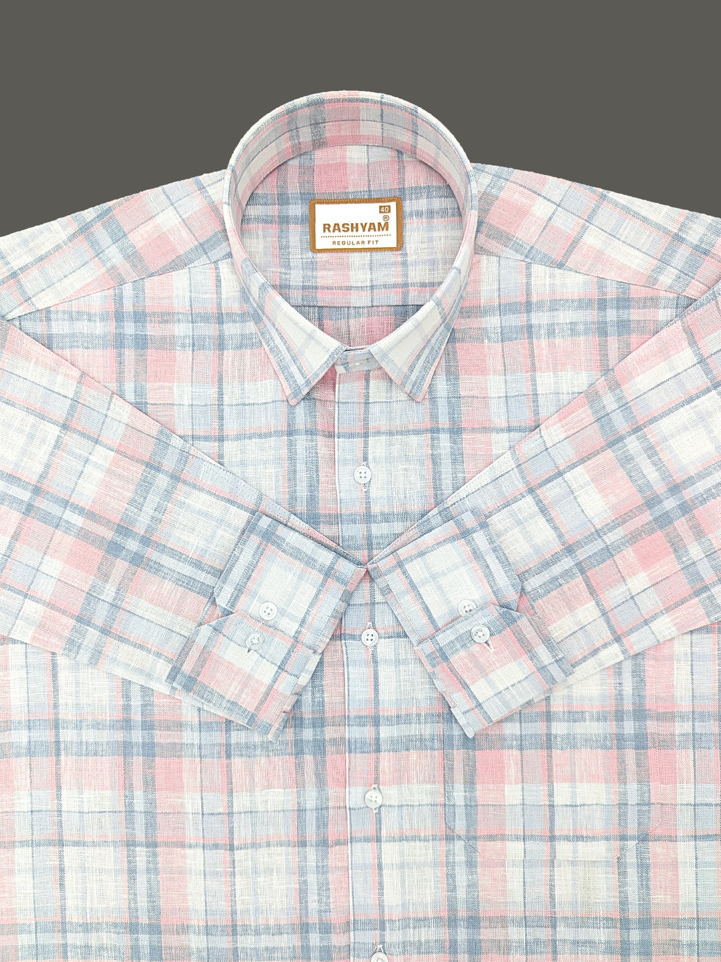 Ceriana Luxurious Italian Linen Cotton Peach And Grey Checks On Cream Formal Shirt