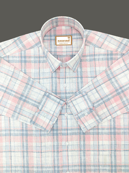 Ceriana Luxurious Italian Linen Cotton Peach And Grey Checks On Cream Formal Shirt