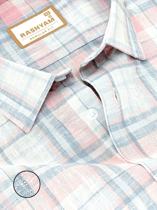 Ceriana Luxurious Italian Linen Cotton Peach And Grey Checks On Cream Formal Shirt