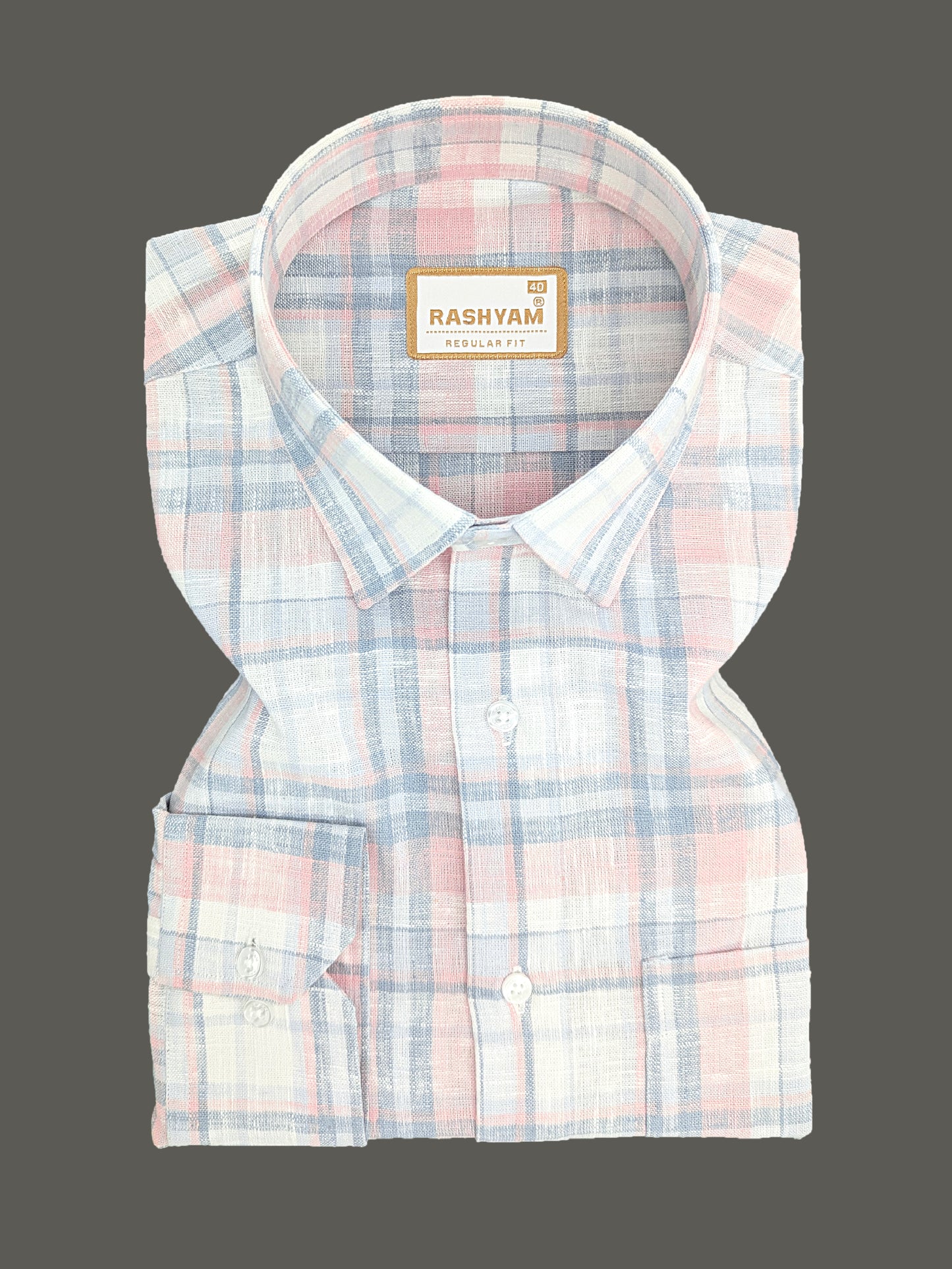 Ceriana Luxurious Italian Linen Cotton Peach And Grey Checks On Cream Formal Shirt