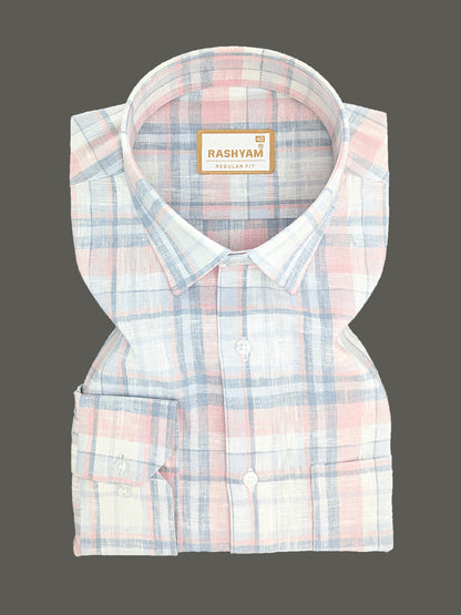 Ceriana Luxurious Italian Linen Cotton Peach And Grey Checks On Cream Formal Shirt