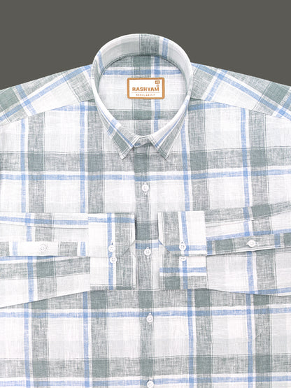 Ceriana Luxurious Italian Linen Cotton Blue With Grass Green Checks On Cream Formal Shirt