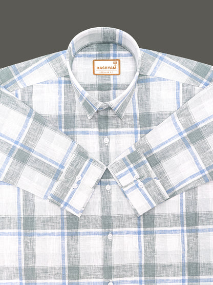 Ceriana Luxurious Italian Linen Cotton Blue With Grass Green Checks On Cream Formal Shirt