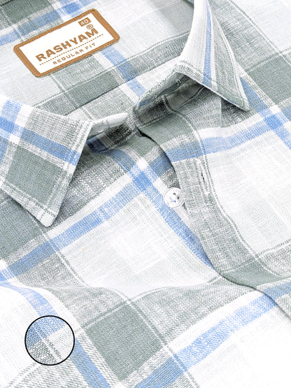 Ceriana Luxurious Italian Linen Cotton Blue With Grass Green Checks On Cream Formal Shirt