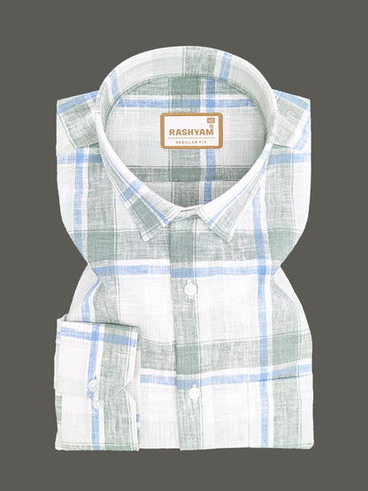 Ceriana Luxurious Italian Linen Cotton Blue With Grass Green Checks On Cream Formal Shirt