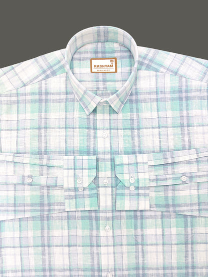 Ceriana Luxurious Italian Linen Cotton Cyan With Grey Checks On Cream Formal Shirt