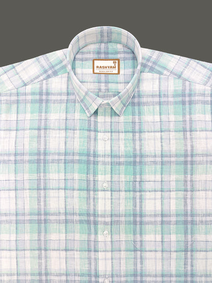 Ceriana Luxurious Italian Linen Cotton Cyan With Grey Checks On Cream Formal Shirt