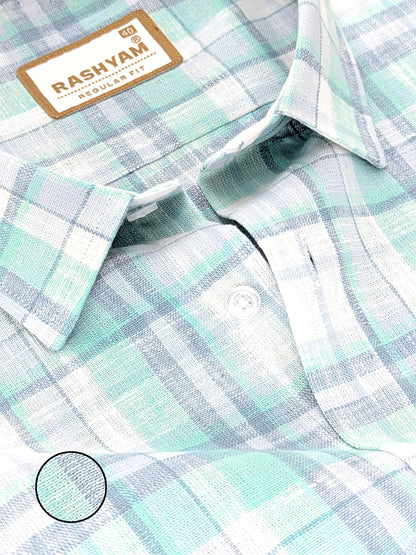Ceriana Luxurious Italian Linen Cotton Cyan With Grey Checks On Cream Formal Shirt