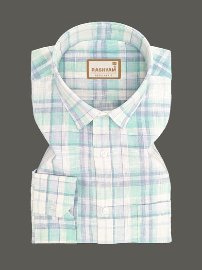 Ceriana Luxurious Italian Linen Cotton Cyan With Grey Checks On Cream Formal Shirt