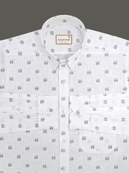 Manarola Premium Linen Cotton Grey With Navy Geo Classic Buta Formal Shirt