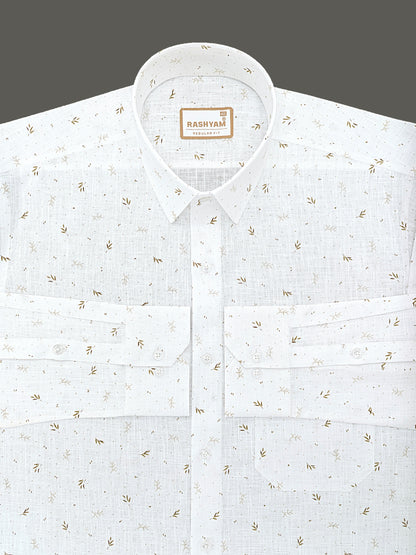 Manarola Premium Linen Cotton Golden Bamboo Leaf Print Formal Shirt