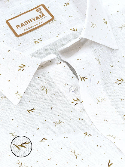 Manarola Premium Linen Cotton Golden Bamboo Leaf Print Formal Shirt