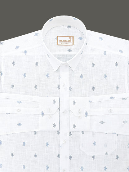 Manarola Premium Linen Cotton Navy Tribal Eye Motif Print Formal Shirt