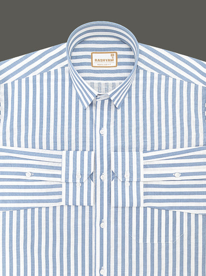 Premium Linen Cotton Sky Blue Line On White Shirt For Men