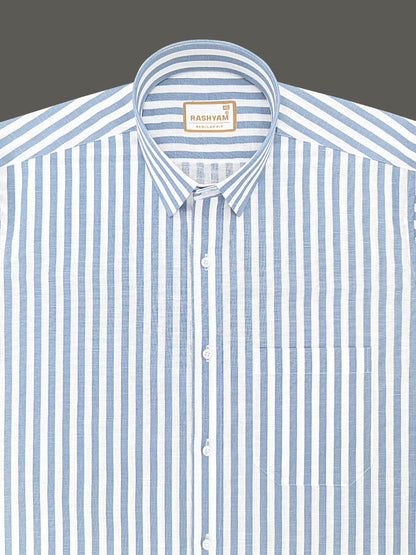 Premium Linen Cotton Sky Blue Line On White Shirt For Men