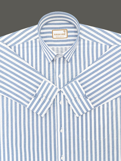 Premium Linen Cotton Sky Blue Line On White Shirt For Men