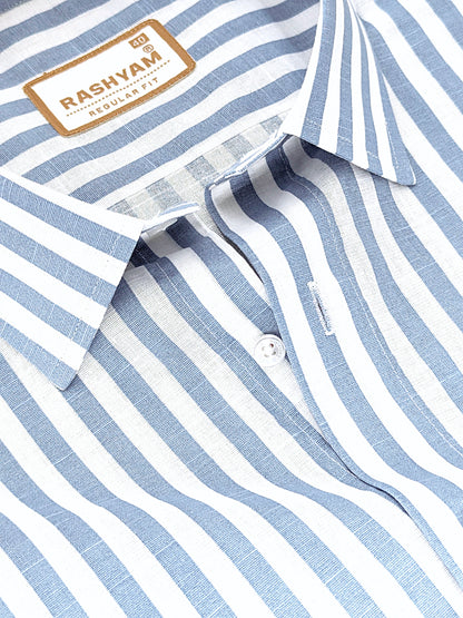 Premium Linen Cotton Sky Blue Line On White Shirt For Men