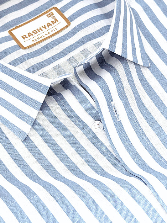 Premium Linen Cotton Sky Blue Line On White Shirt For Men