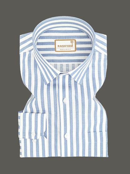 Premium Linen Cotton Sky Blue Line On White Shirt For Men