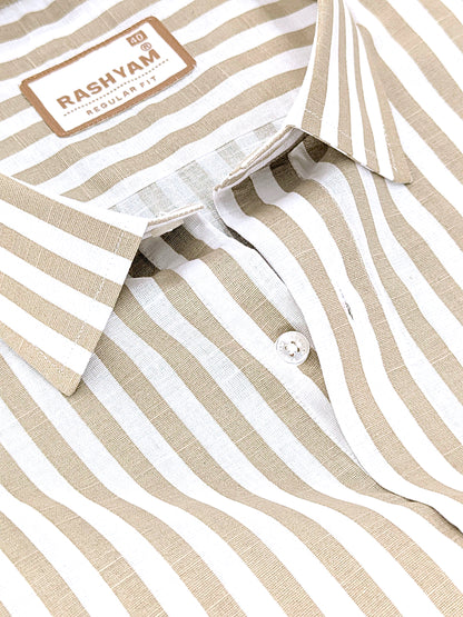 Premium Linen Cotton Brown Line On White Shirt For Men