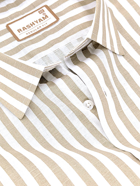 Premium Linen Cotton Brown Line On White Shirt For Men